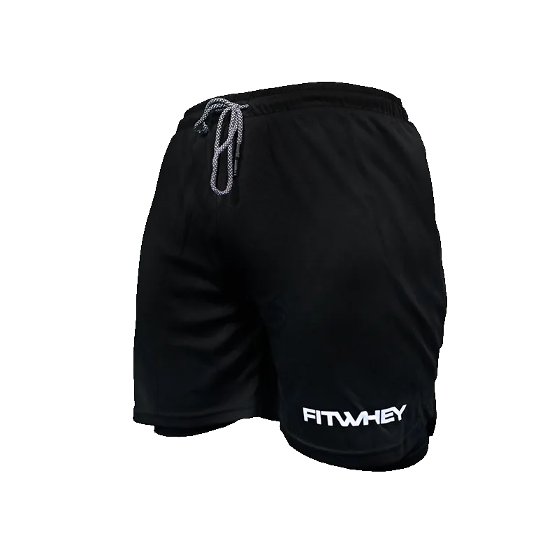 Gym Short with inner pant - Black with white text - Black inner pant - M