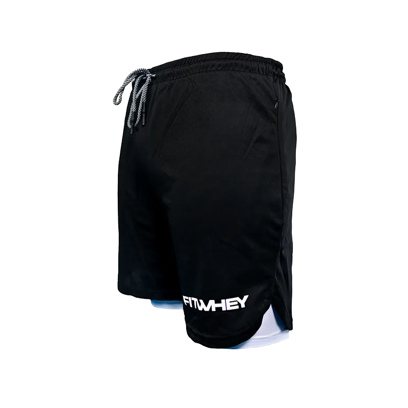 Gym Short with inner pant - Black with white text - White inner pant - M